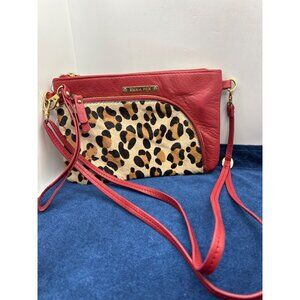 Emma Fox Red Leather & Leopard Print Crossbody Clutch Purse